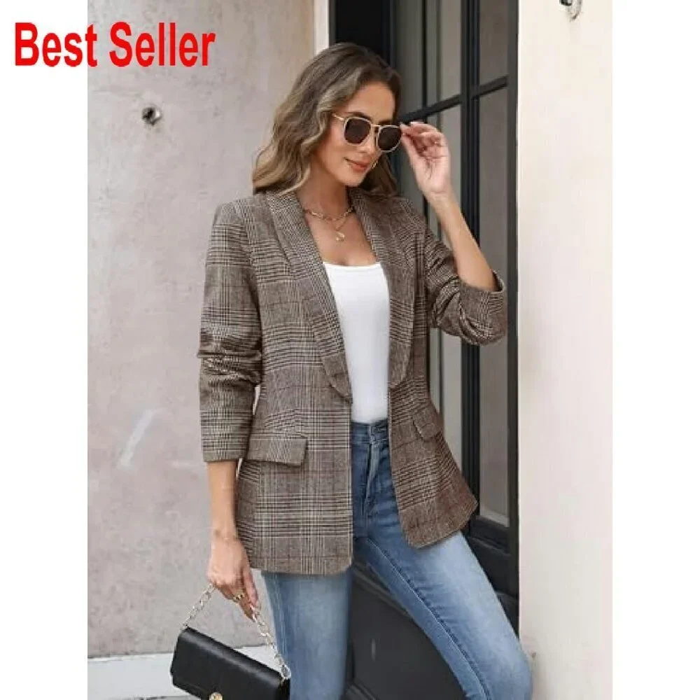 Shawl Collar Plaid Boyfriend Blazer Business Casual Open Front Office Jacket